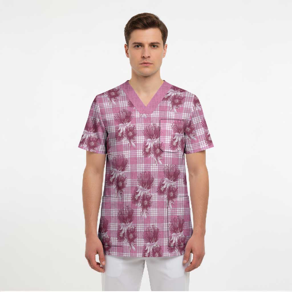 Pink Palaka Hawaii Scrub Top Hawaiian Lehua Blossoms