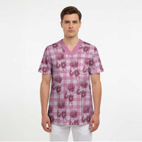 Pink Palaka Hawaii Scrub Top Hawaiian Lehua Blossoms