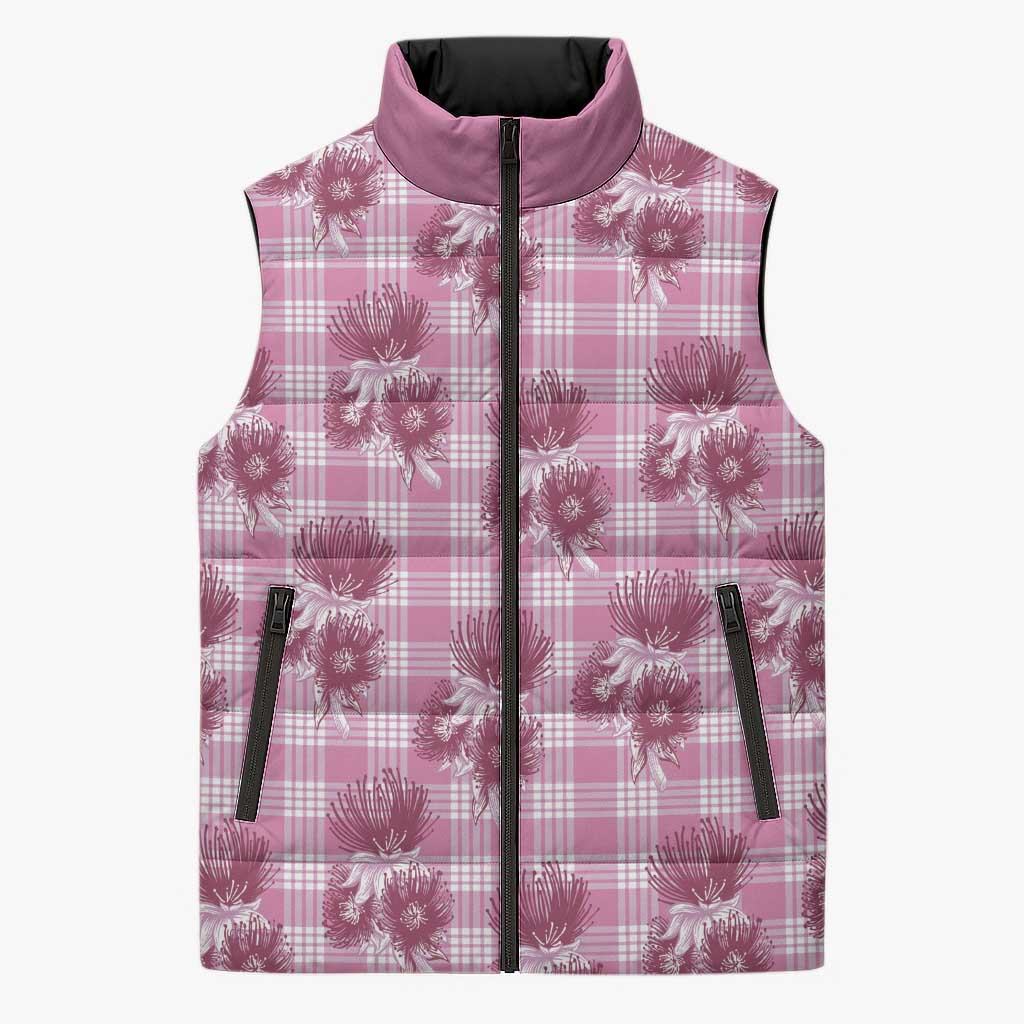 Pink Palaka Hawaii Sleeveless Puffer Jacket Hawaiian Lehua Blossoms LT05 Unisex Pink - Polynesian Pride