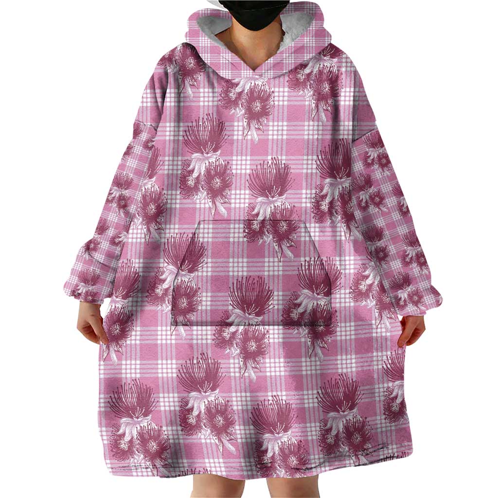 Pink Palaka Hawaii Wearable Blanket Hoodie Hawaiian Lehua Blossoms LT05 - Polynesian Pride