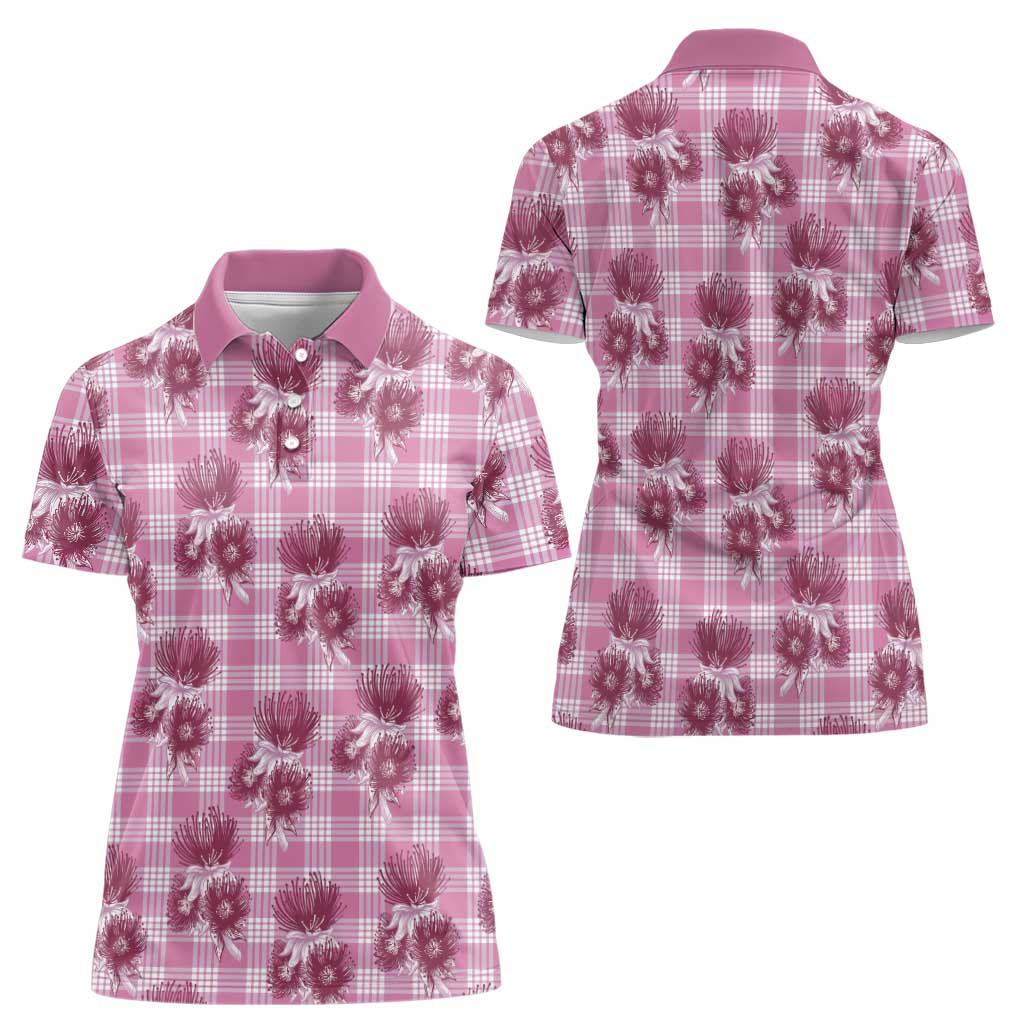 Pink Palaka Hawaii Women Polo Shirt Hawaiian Lehua Blossoms LT05 - Polynesian Pride