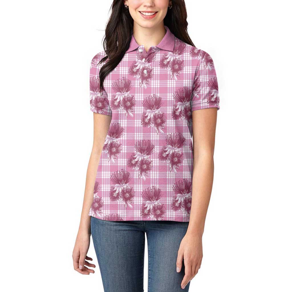 Pink Palaka Hawaii Women Polo Shirt Hawaiian Lehua Blossoms LT05 - Polynesian Pride