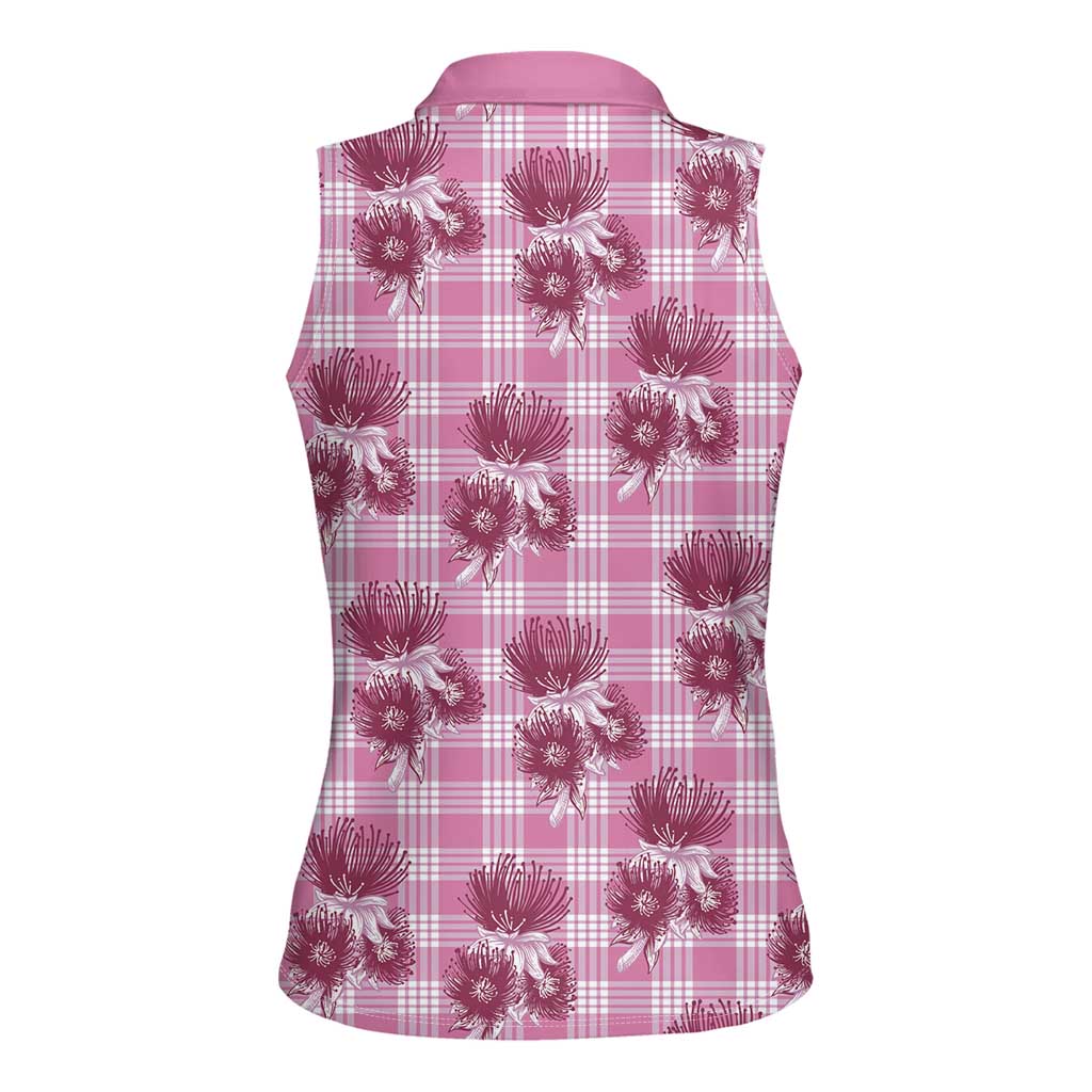 Pink Palaka Hawaii Women Sleeveless Polo Shirt Hawaiian Lehua Blossoms LT05 - Polynesian Pride
