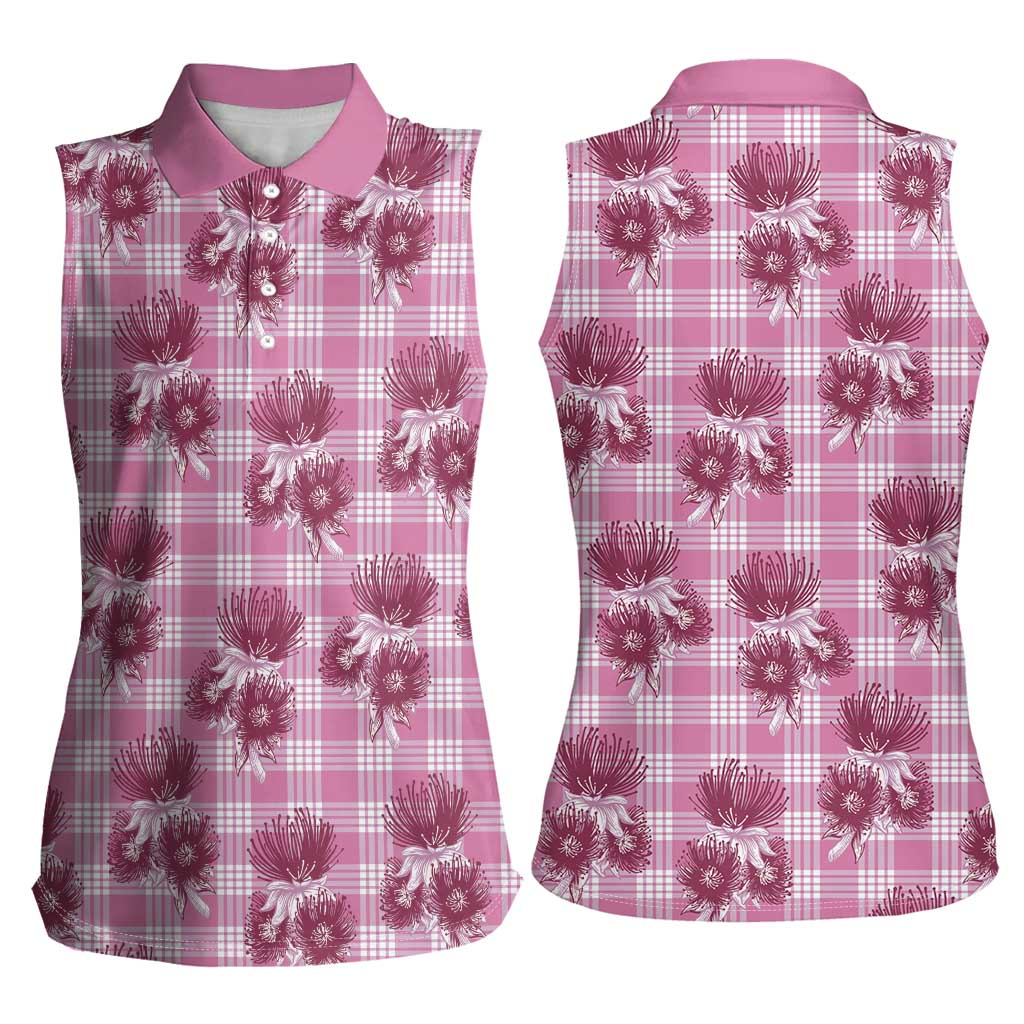 Pink Palaka Hawaii Women Sleeveless Polo Shirt Hawaiian Lehua Blossoms LT05 - Polynesian Pride