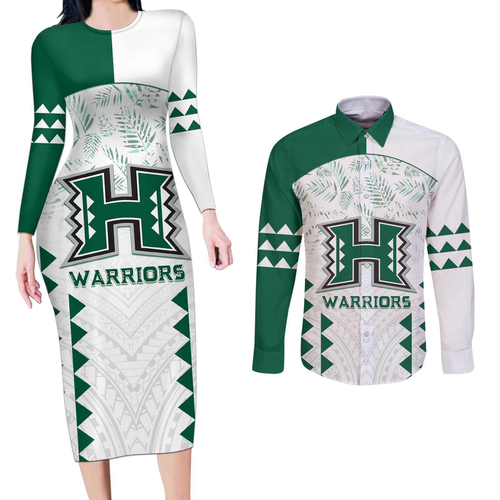 Custom Hawaii Football Couples Matching Long Sleeve Bodycon Dress and Long Sleeve Button Shirt Rainbow Warriors Kakau Pattern LT05 White - Polynesian Pride