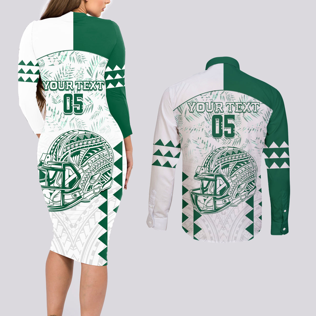 Custom Hawaii Football Couples Matching Long Sleeve Bodycon Dress and Long Sleeve Button Shirt Rainbow Warriors Kakau Pattern LT05 - Polynesian Pride