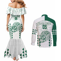 Custom Hawaii Football Couples Matching Mermaid Dress and Long Sleeve Button Shirt Rainbow Warriors Kakau Pattern LT05 - Polynesian Pride