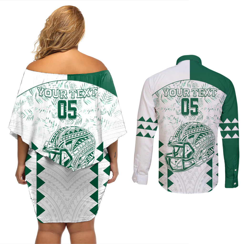 Custom Hawaii Football Couples Matching Off Shoulder Short Dress and Long Sleeve Button Shirt Rainbow Warriors Kakau Pattern LT05 - Polynesian Pride