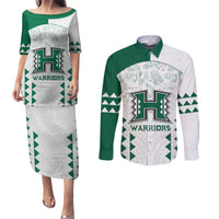 Custom Hawaii Football Couples Matching Puletasi and Long Sleeve Button Shirt Rainbow Warriors Kakau Pattern LT05 White - Polynesian Pride