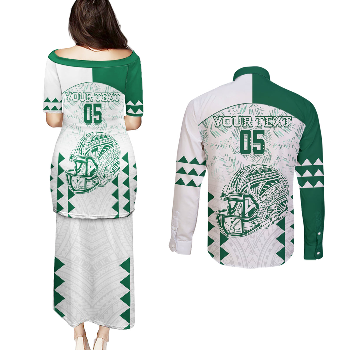 Custom Hawaii Football Couples Matching Puletasi and Long Sleeve Button Shirt Rainbow Warriors Kakau Pattern LT05 - Polynesian Pride