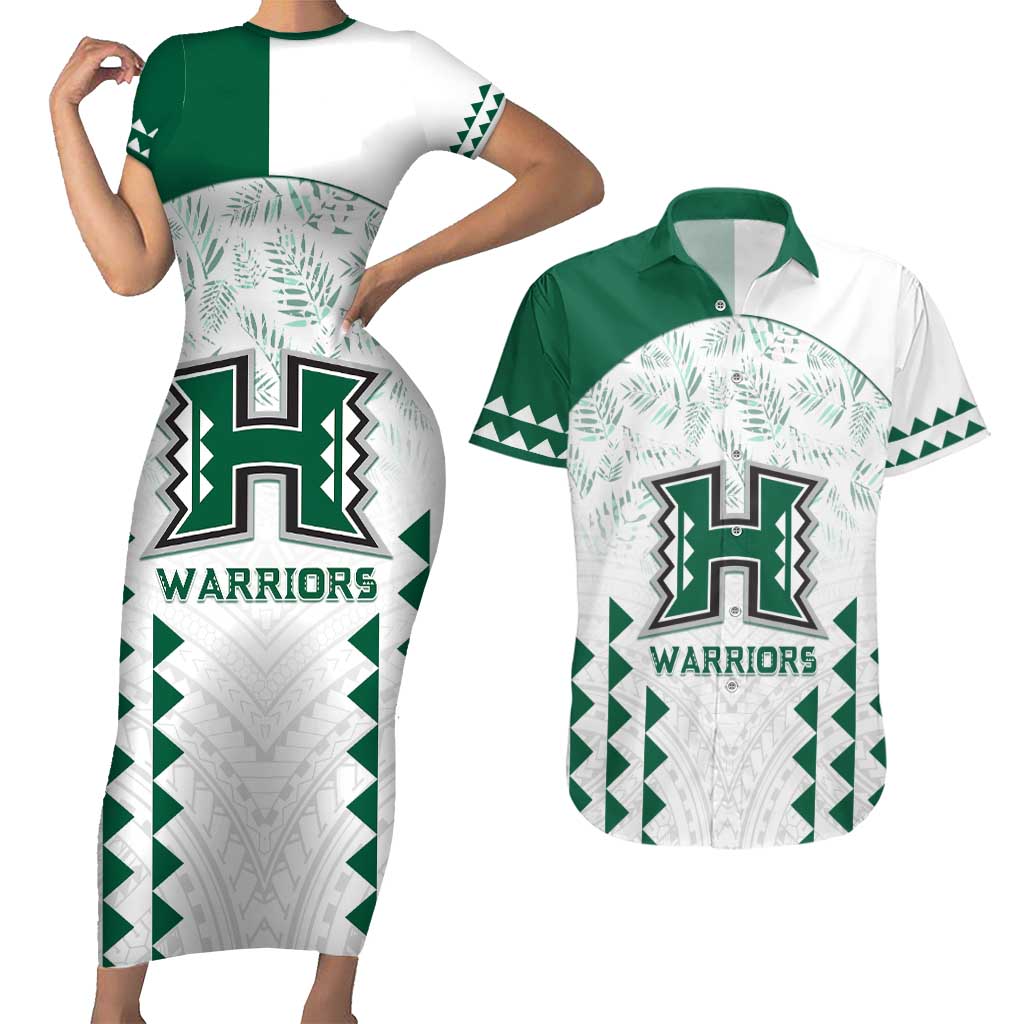 Custom Hawaii Football Couples Matching Short Sleeve Bodycon Dress and Hawaiian Shirt Rainbow Warriors Kakau Pattern LT05