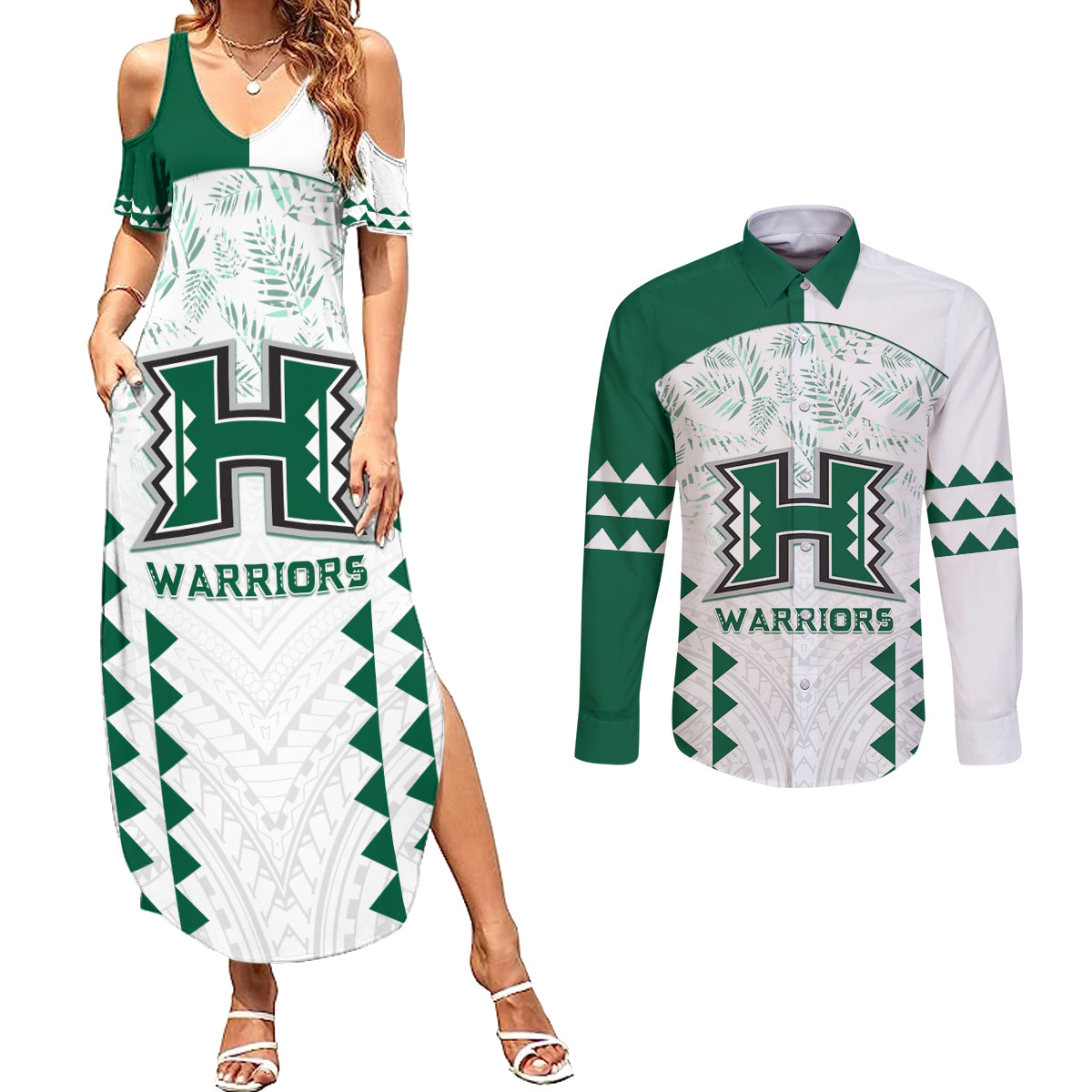 Custom Hawaii Football Couples Matching Summer Maxi Dress and Long Sleeve Button Shirt Rainbow Warriors Kakau Pattern LT05 White - Polynesian Pride