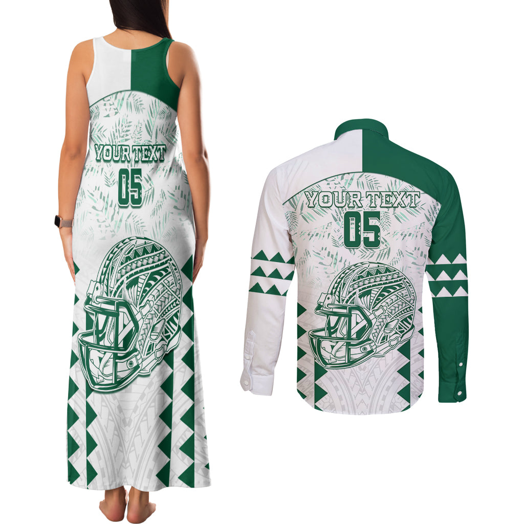 Custom Hawaii Football Couples Matching Tank Maxi Dress and Long Sleeve Button Shirt Rainbow Warriors Kakau Pattern LT05 - Polynesian Pride