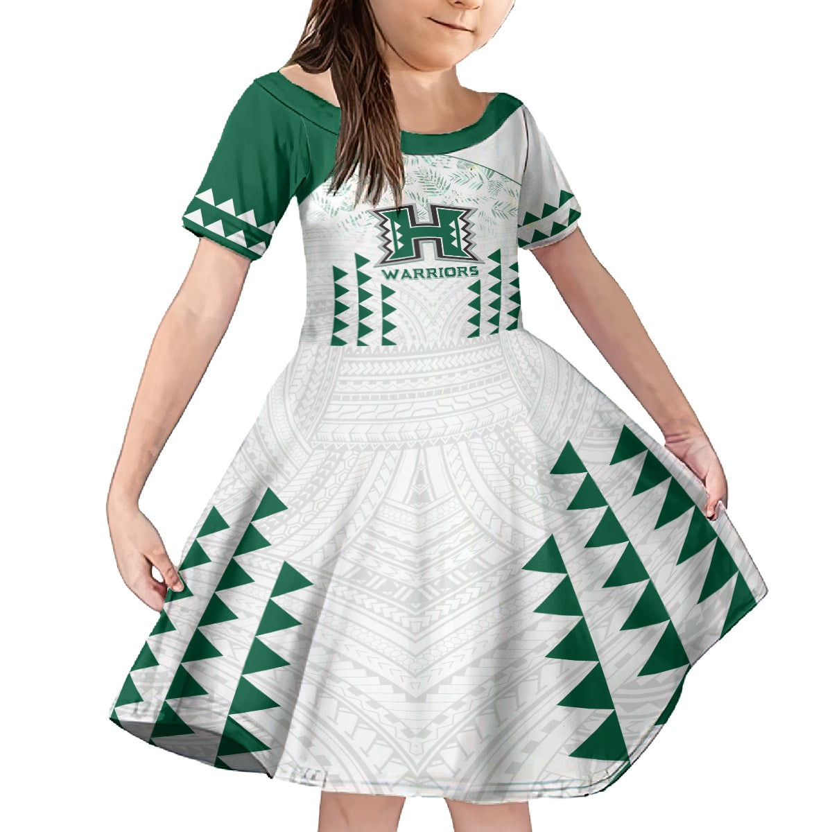 Custom Hawaii Football Family Matching Long Sleeve Bodycon Dress and Hawaiian Shirt Rainbow Warriors Kakau Pattern LT05 Daughter's Dress White - Polynesian Pride