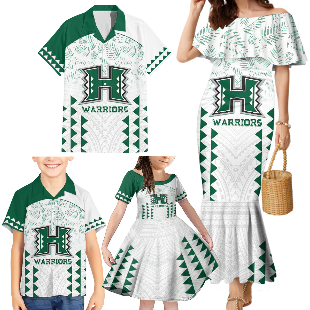 Custom Hawaii Football Family Matching Mermaid Dress and Hawaiian Shirt Rainbow Warriors Kakau Pattern LT05 - Polynesian Pride