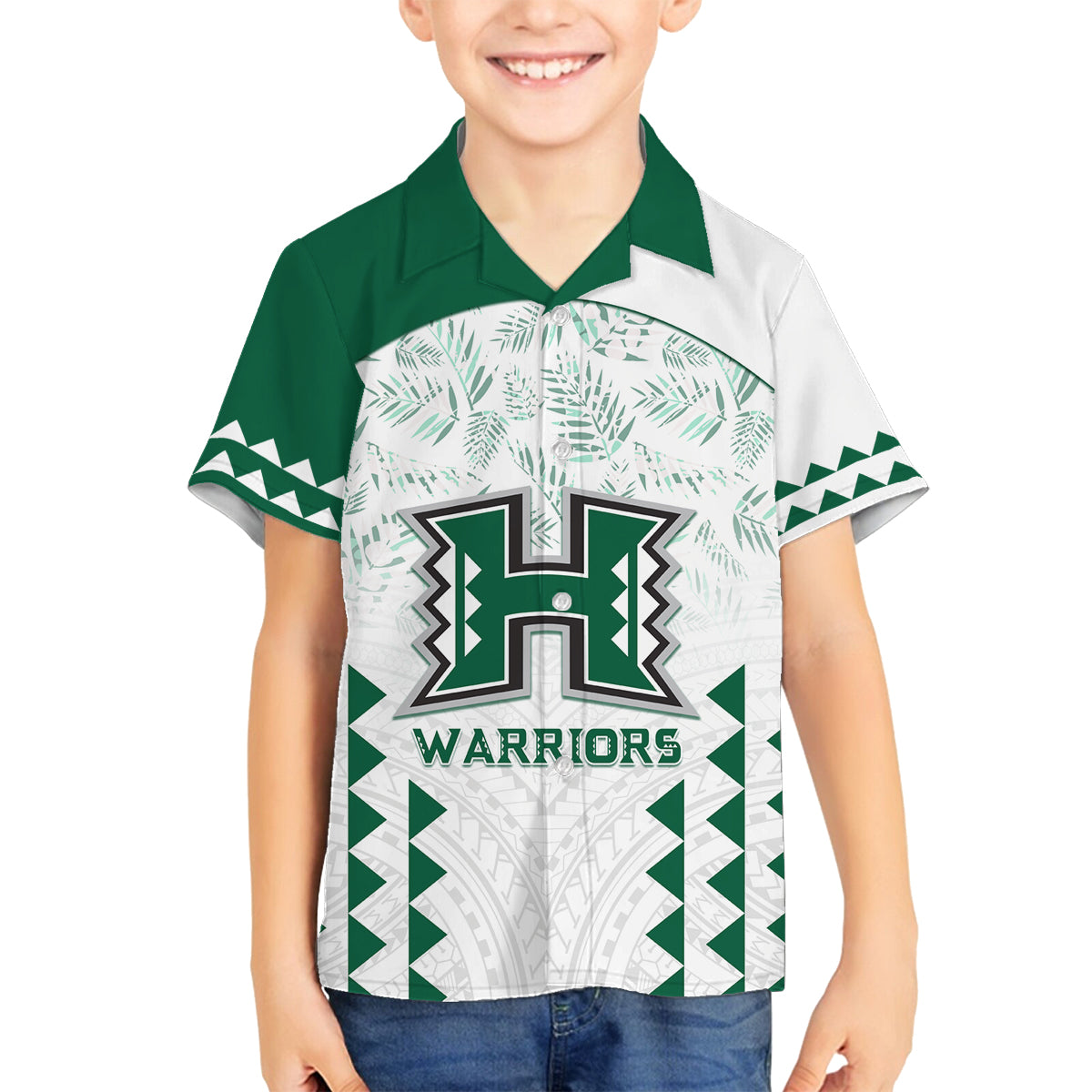 Custom Hawaii Football Family Matching Off Shoulder Long Sleeve Dress and Hawaiian Shirt Rainbow Warriors Kakau Pattern LT05 Son's Shirt White - Polynesian Pride