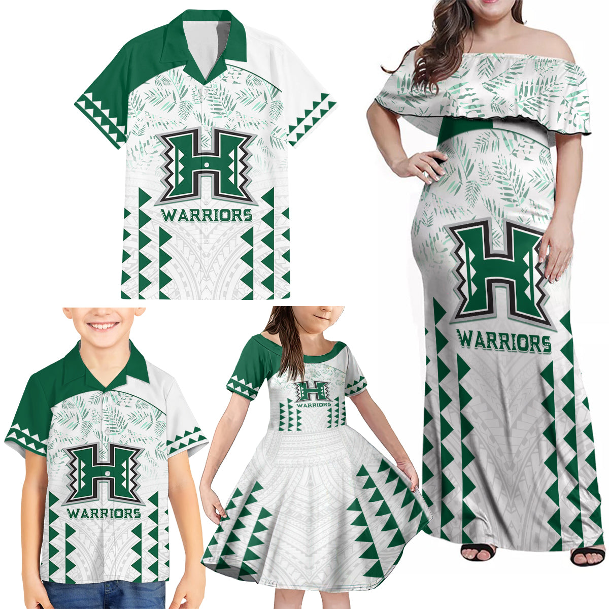 Custom Hawaii Football Family Matching Off Shoulder Maxi Dress and Hawaiian Shirt Rainbow Warriors Kakau Pattern LT05 - Polynesian Pride