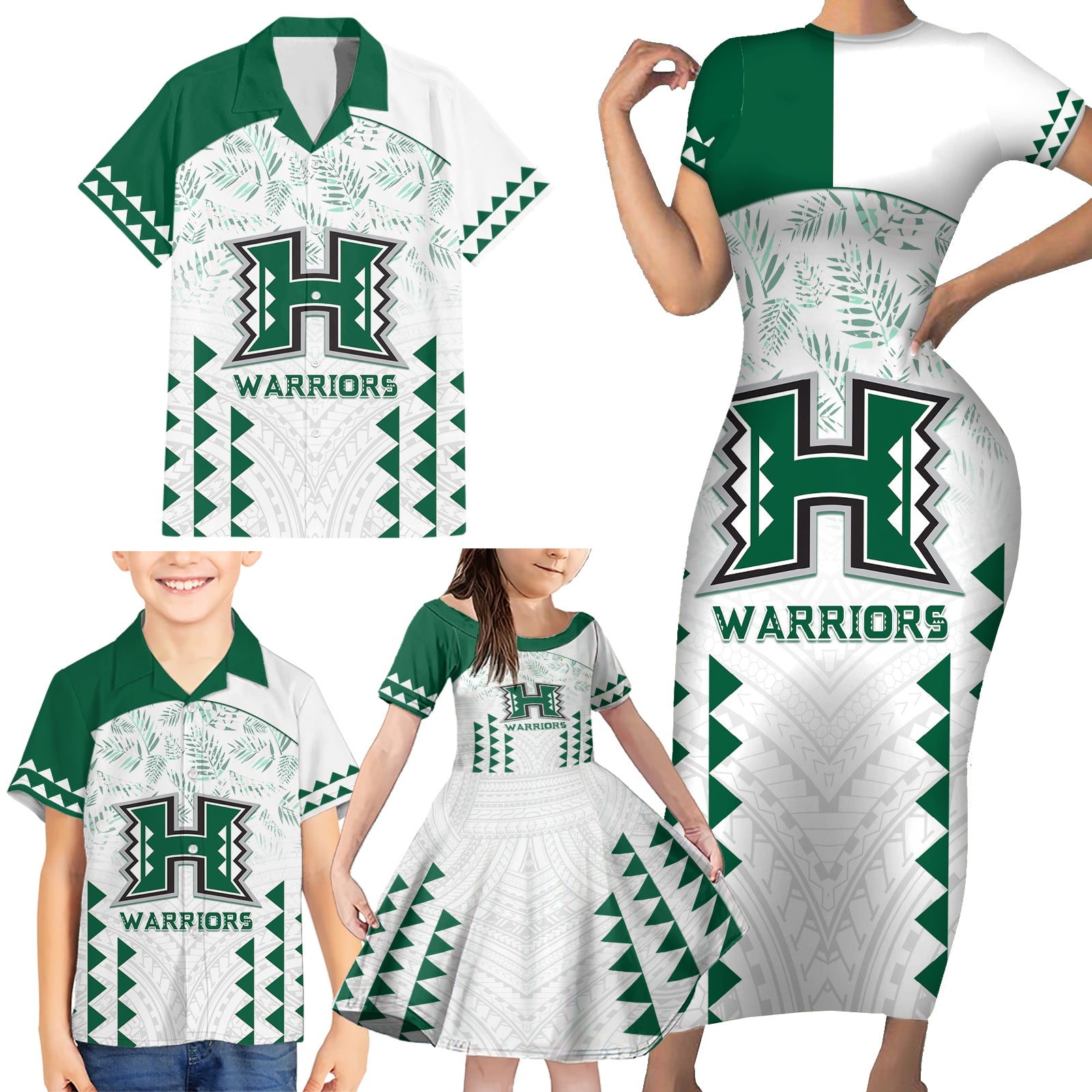 Custom Hawaii Football Family Matching Short Sleeve Bodycon Dress and Hawaiian Shirt Rainbow Warriors Kakau Pattern LT05 - Polynesian Pride