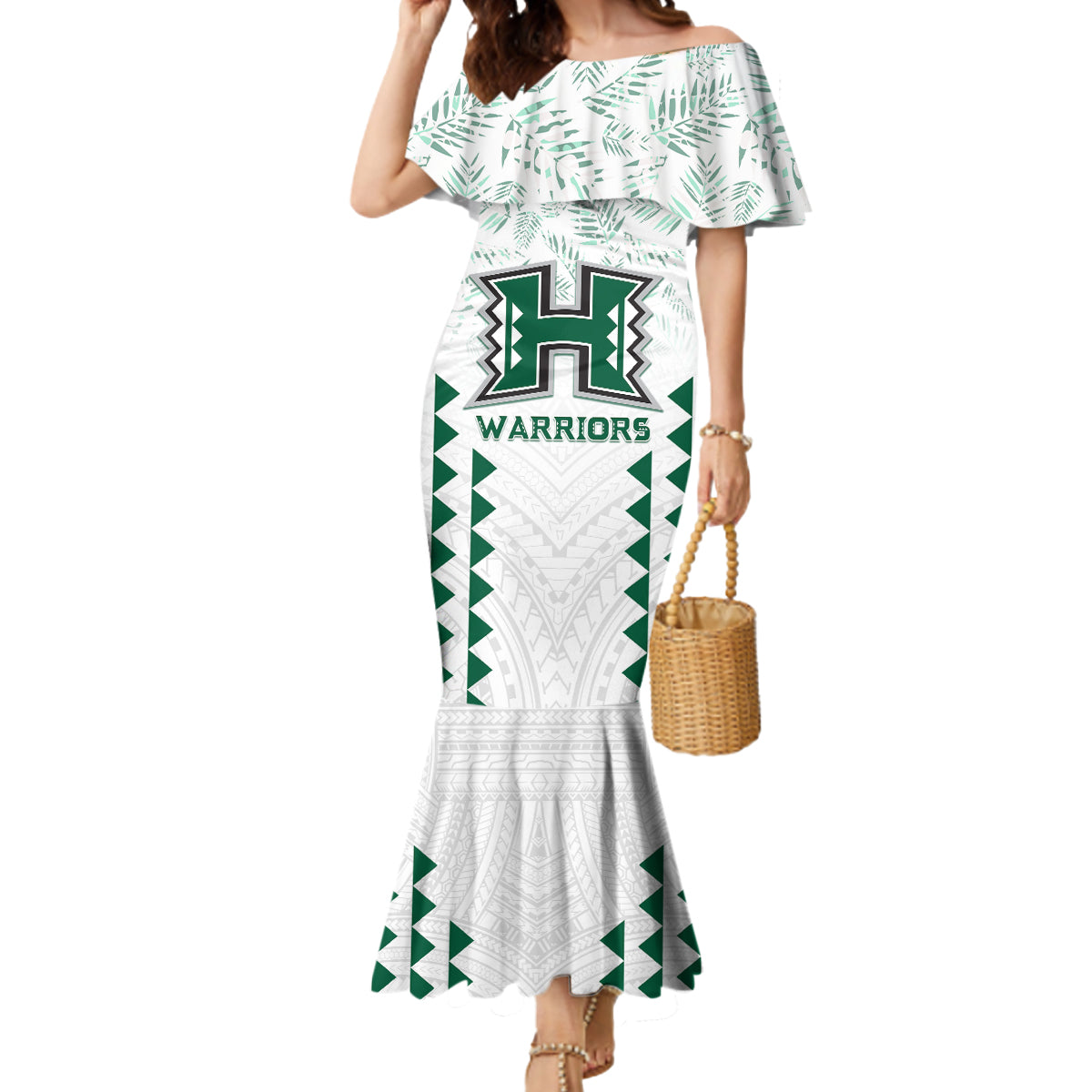 Custom Hawaii Football Mermaid Dress Rainbow Warriors Kakau Pattern LT05 Women White - Polynesian Pride