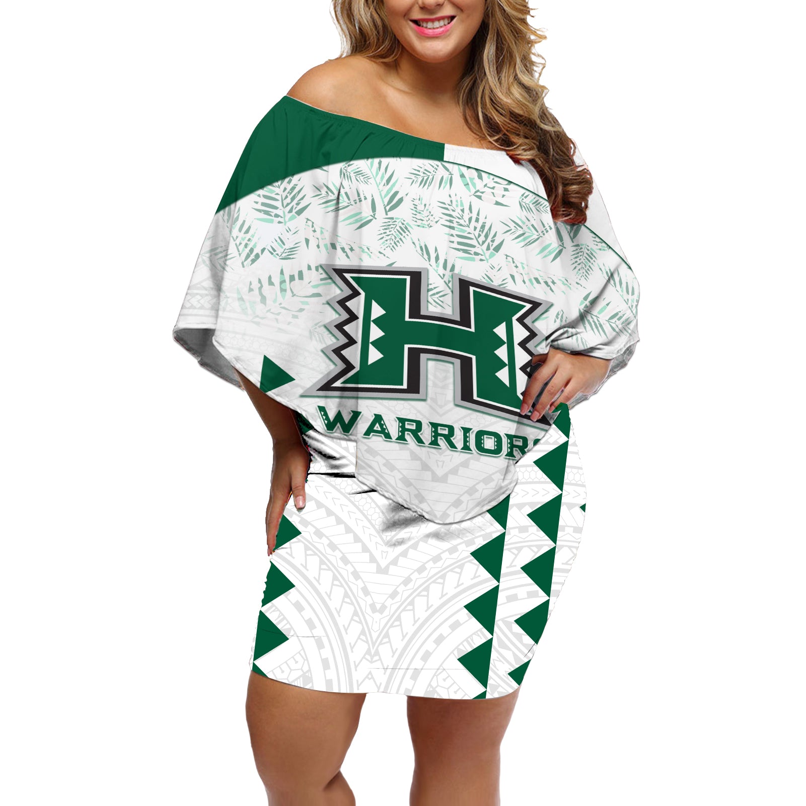 Custom Hawaii Football Off Shoulder Short Dress Rainbow Warriors Kakau Pattern LT05 Women White - Polynesian Pride