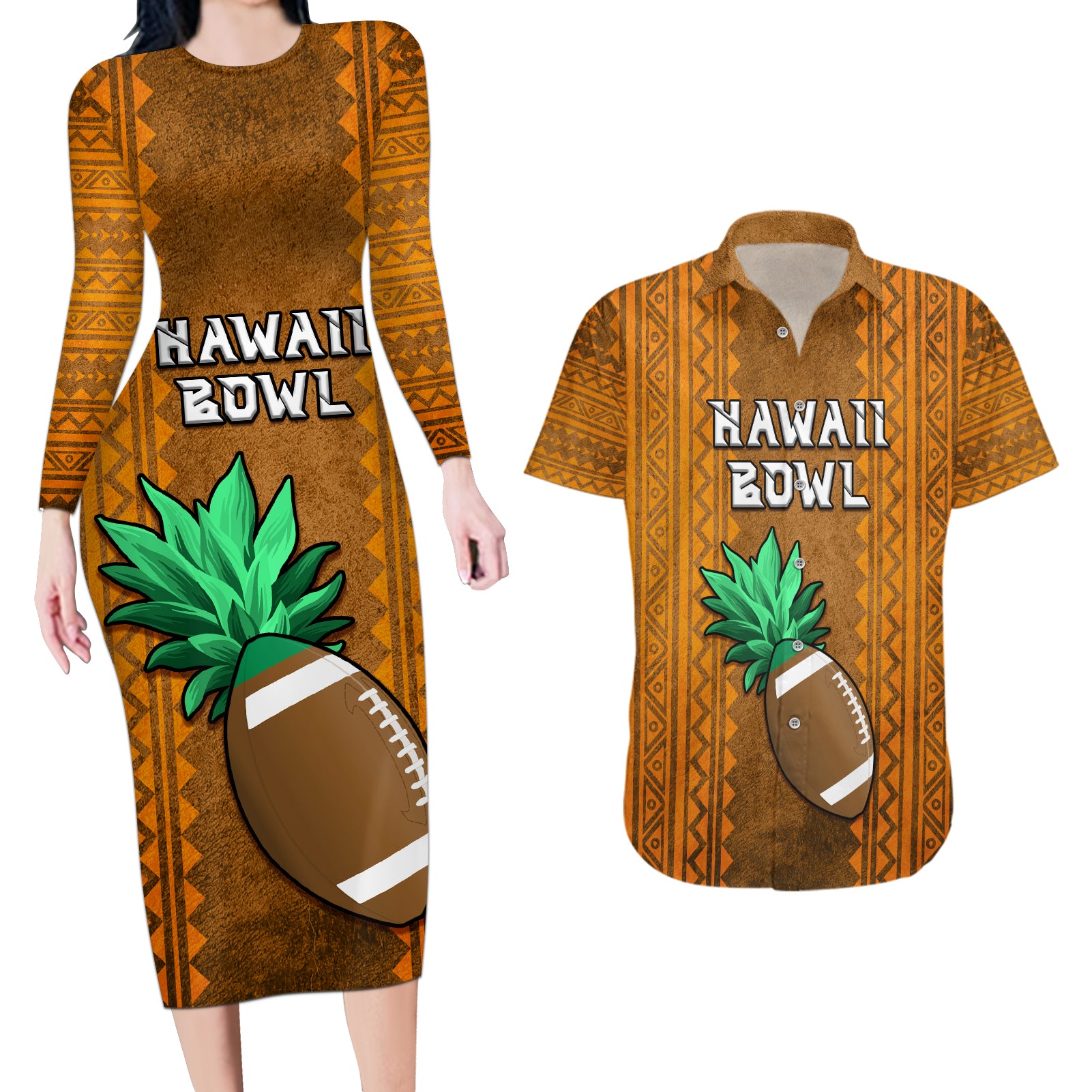 Custom Hawaii Honolulu Football Bowl Couples Matching Long Sleeve Bodycon Dress and Hawaiian Shirt Simple Style LT05 Brown - Polynesian Pride