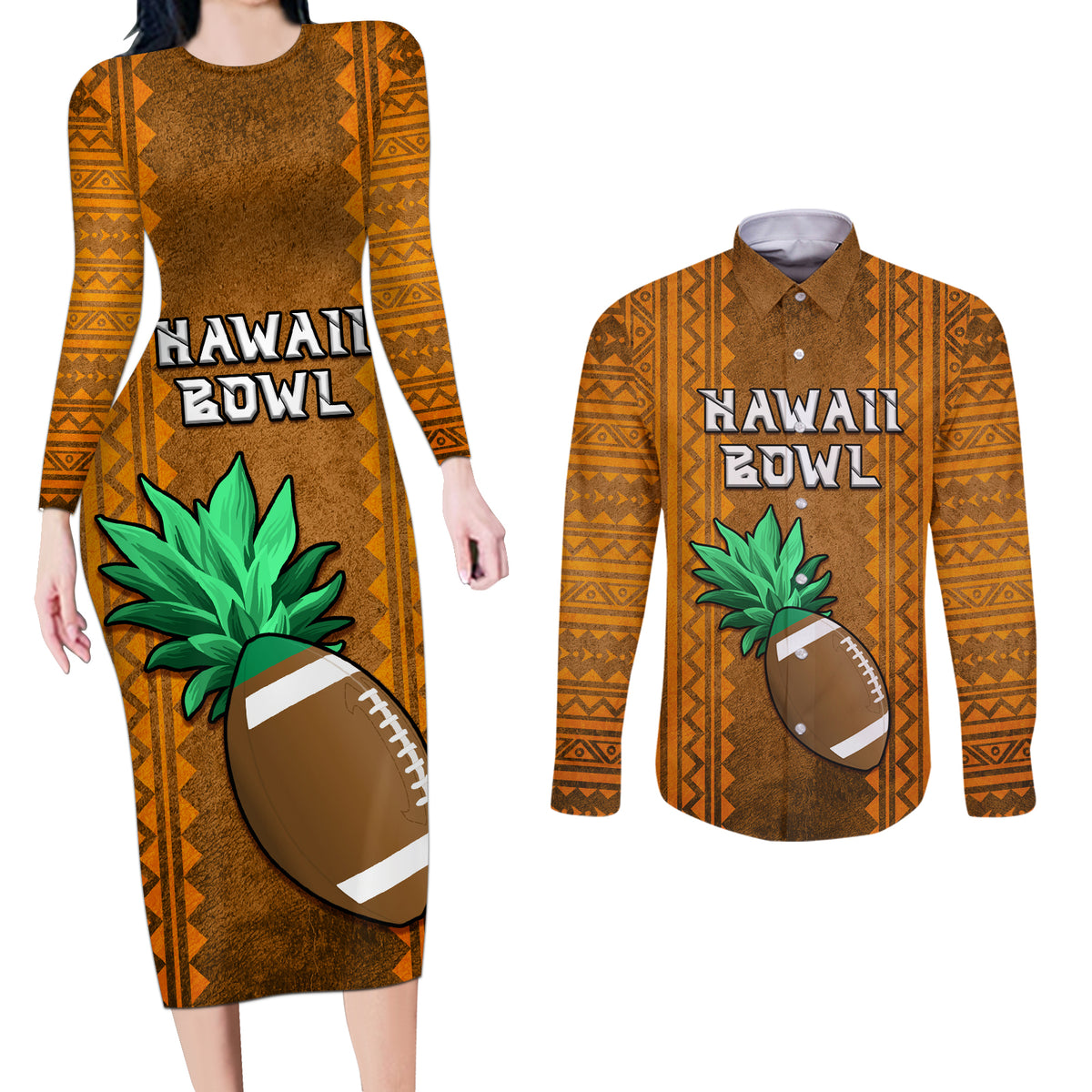 Custom Hawaii Honolulu Football Bowl Couples Matching Long Sleeve Bodycon Dress and Long Sleeve Button Shirt Simple Style LT05 Brown - Polynesian Pride