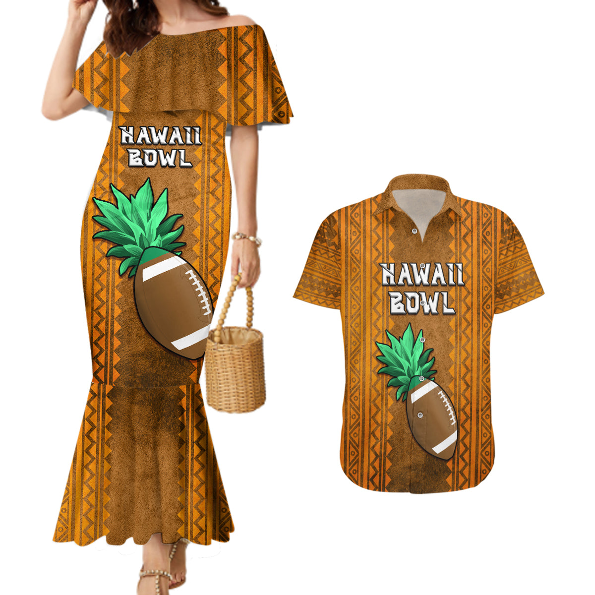 Custom Hawaii Honolulu Football Bowl Couples Matching Mermaid Dress and Hawaiian Shirt Simple Style LT05 Brown - Polynesian Pride