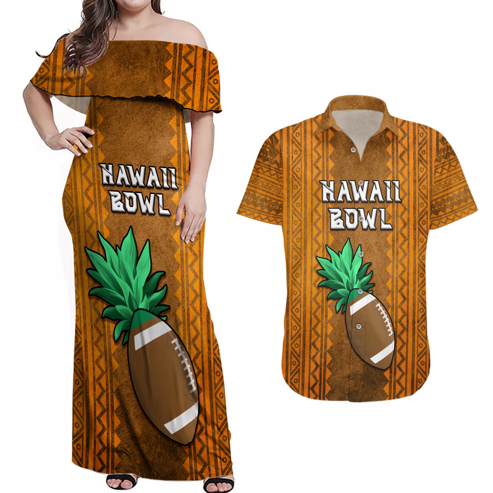 Custom Hawaii Honolulu Football Bowl Couples Matching Off Shoulder Maxi Dress and Hawaiian Shirt Simple Style LT05 Brown - Polynesian Pride