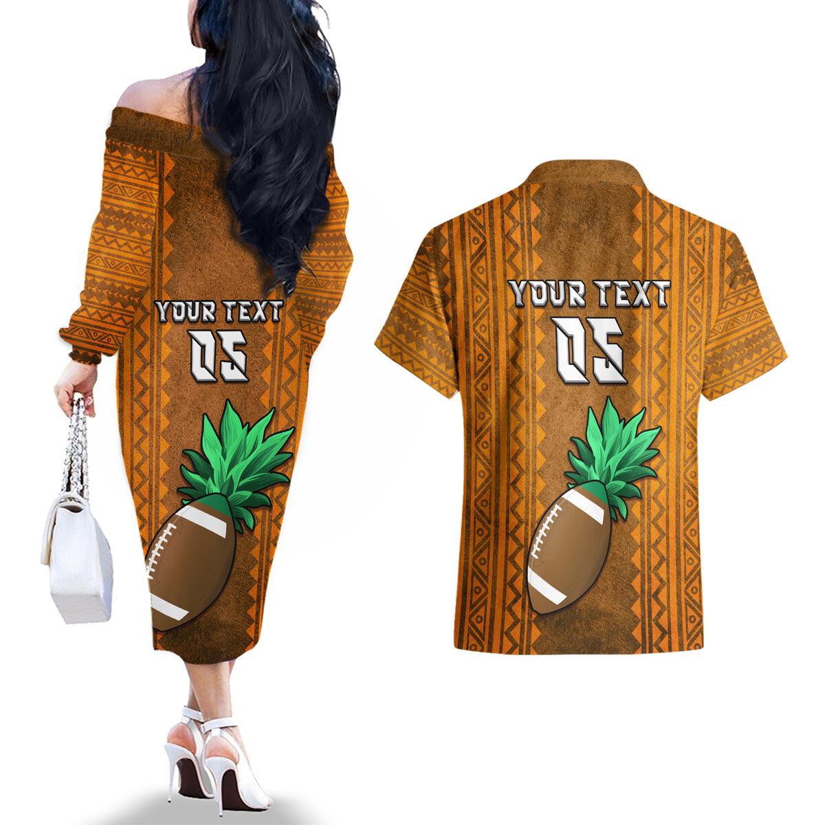 Custom Hawaii Honolulu Football Bowl Couples Matching Off The Shoulder Long Sleeve Dress and Hawaiian Shirt Simple Style LT05 - Polynesian Pride