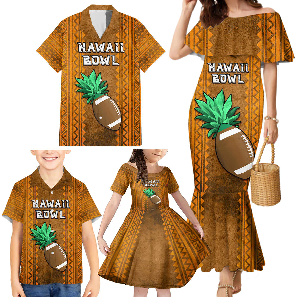 Custom Hawaii Honolulu Football Bowl Family Matching Mermaid Dress and Hawaiian Shirt Simple Style LT05 - Polynesian Pride