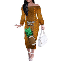 Custom Hawaii Honolulu Football Bowl Family Matching Off Shoulder Long Sleeve Dress and Hawaiian Shirt Simple Style LT05 Mom's Dress Brown - Polynesian Pride
