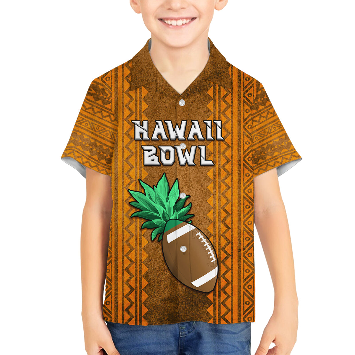 Custom Hawaii Honolulu Football Bowl Family Matching Off Shoulder Long Sleeve Dress and Hawaiian Shirt Simple Style LT05 Son's Shirt Brown - Polynesian Pride