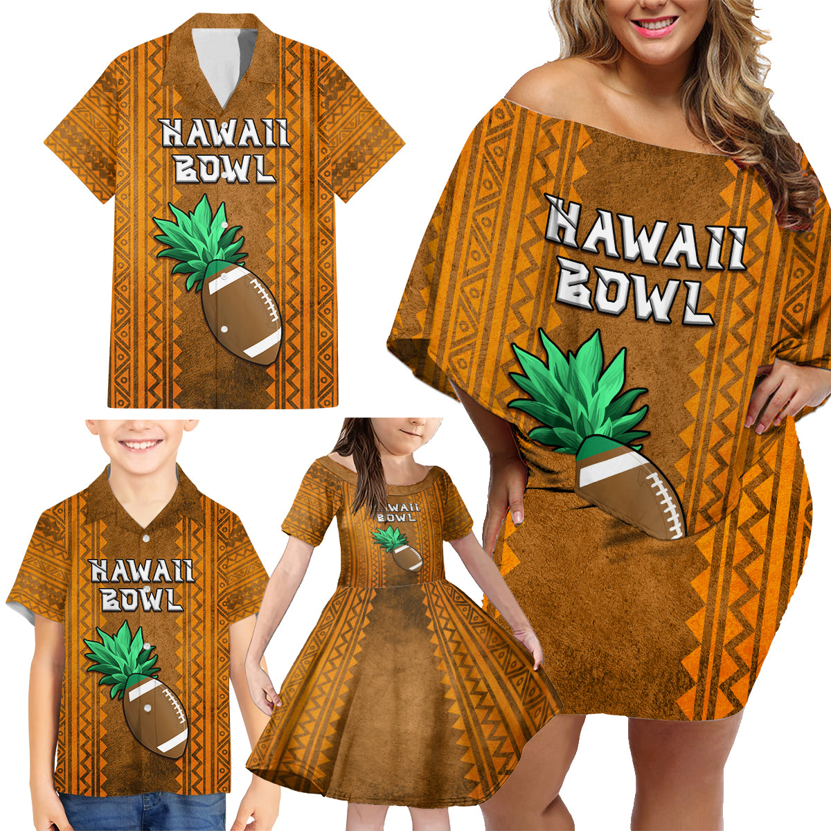 Custom Hawaii Honolulu Football Bowl Family Matching Off Shoulder Short Dress and Hawaiian Shirt Simple Style LT05 - Polynesian Pride