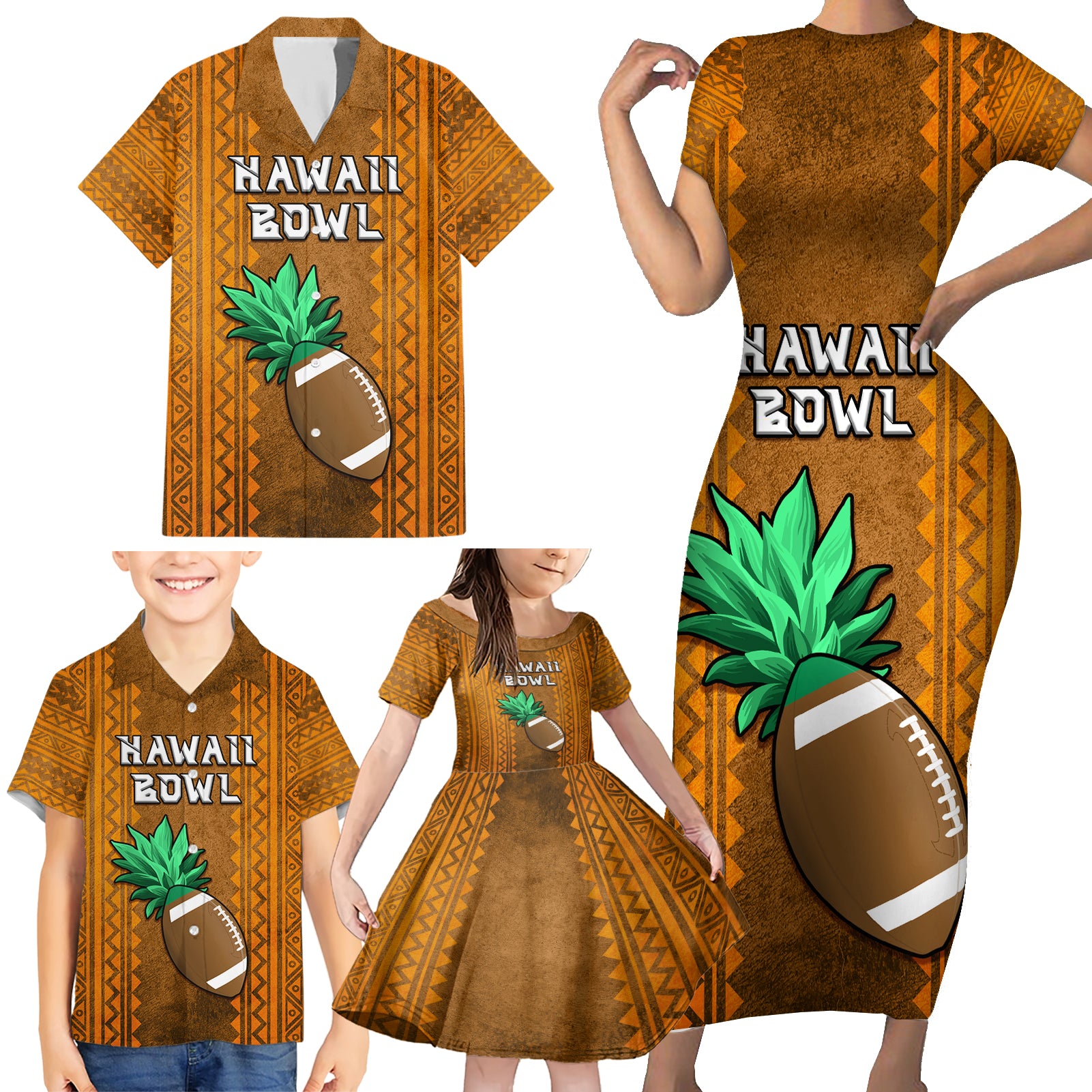 Custom Hawaii Honolulu Football Bowl Family Matching Short Sleeve Bodycon Dress and Hawaiian Shirt Simple Style LT05 - Polynesian Pride