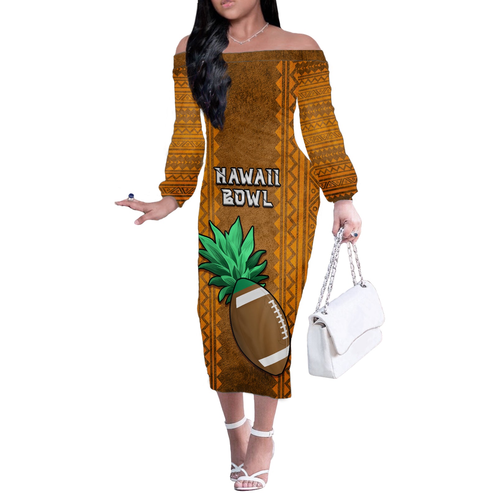 Custom Hawaii Honolulu Football Bowl Off The Shoulder Long Sleeve Dress Simple Style LT05 Women Brown - Polynesian Pride