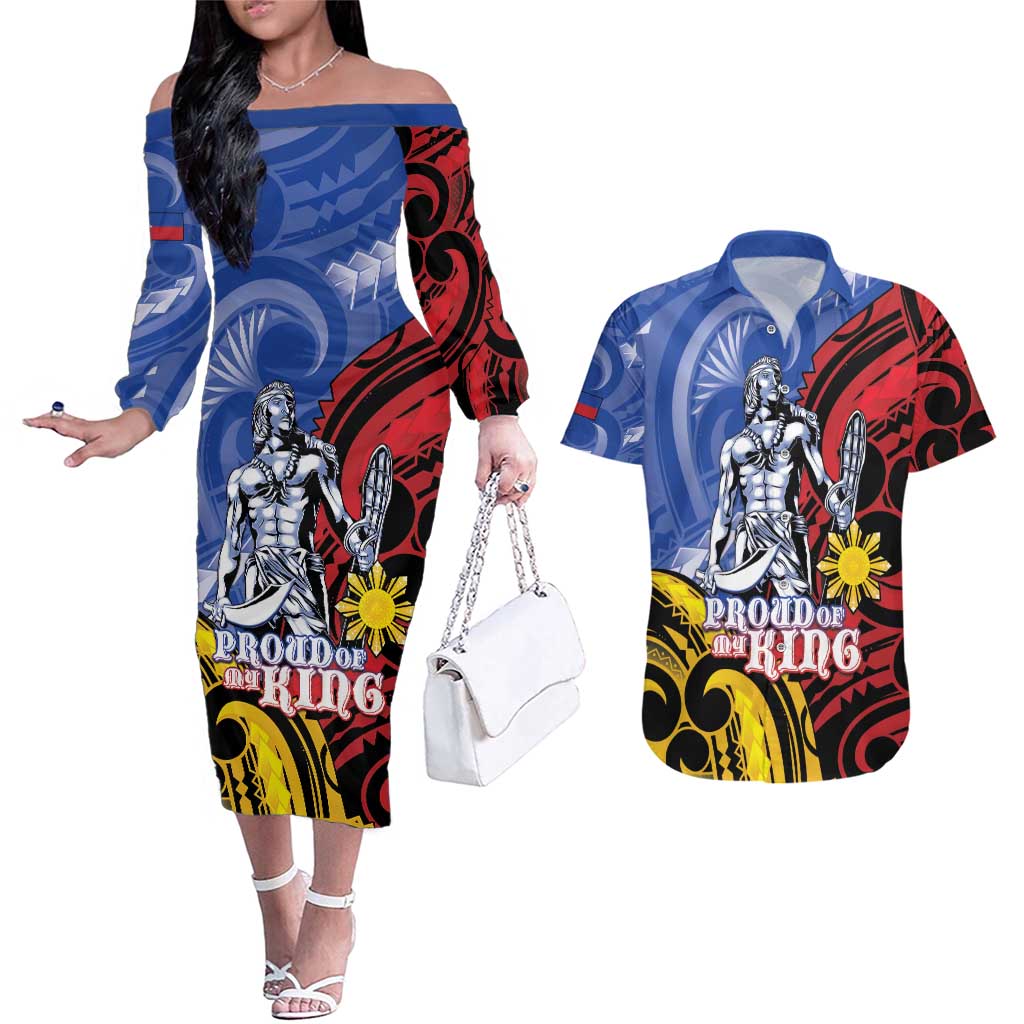 Philippines Lapu-Lapu Couples Matching Off The Shoulder Long Sleeve Dress and Hawaiian Shirt Proud Of My King
