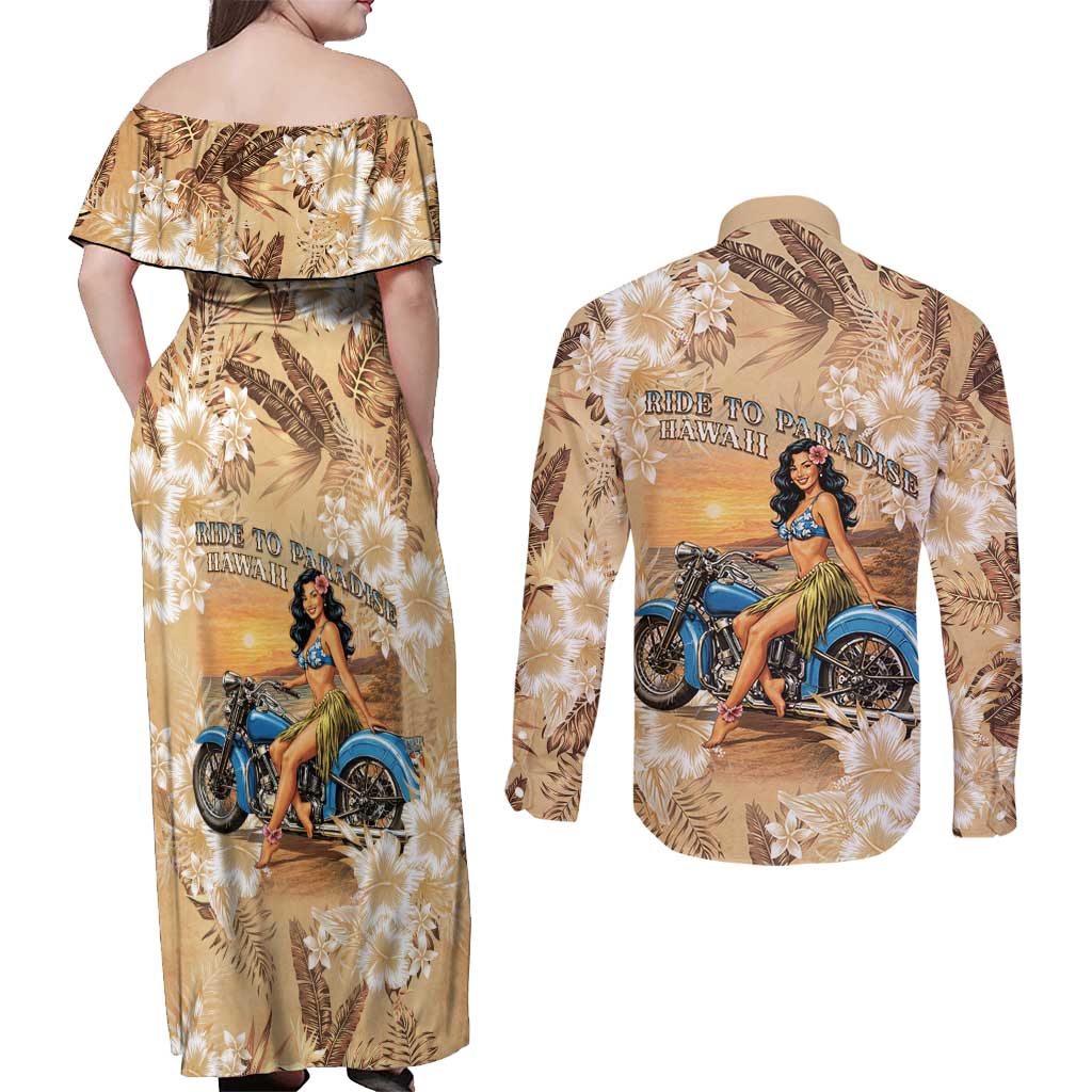 Aloha Hawaii Biker Couples Matching Off Shoulder Maxi Dress and Long Sleeve Button Shirt Ride To Paradise LT05 - Polynesian Pride
