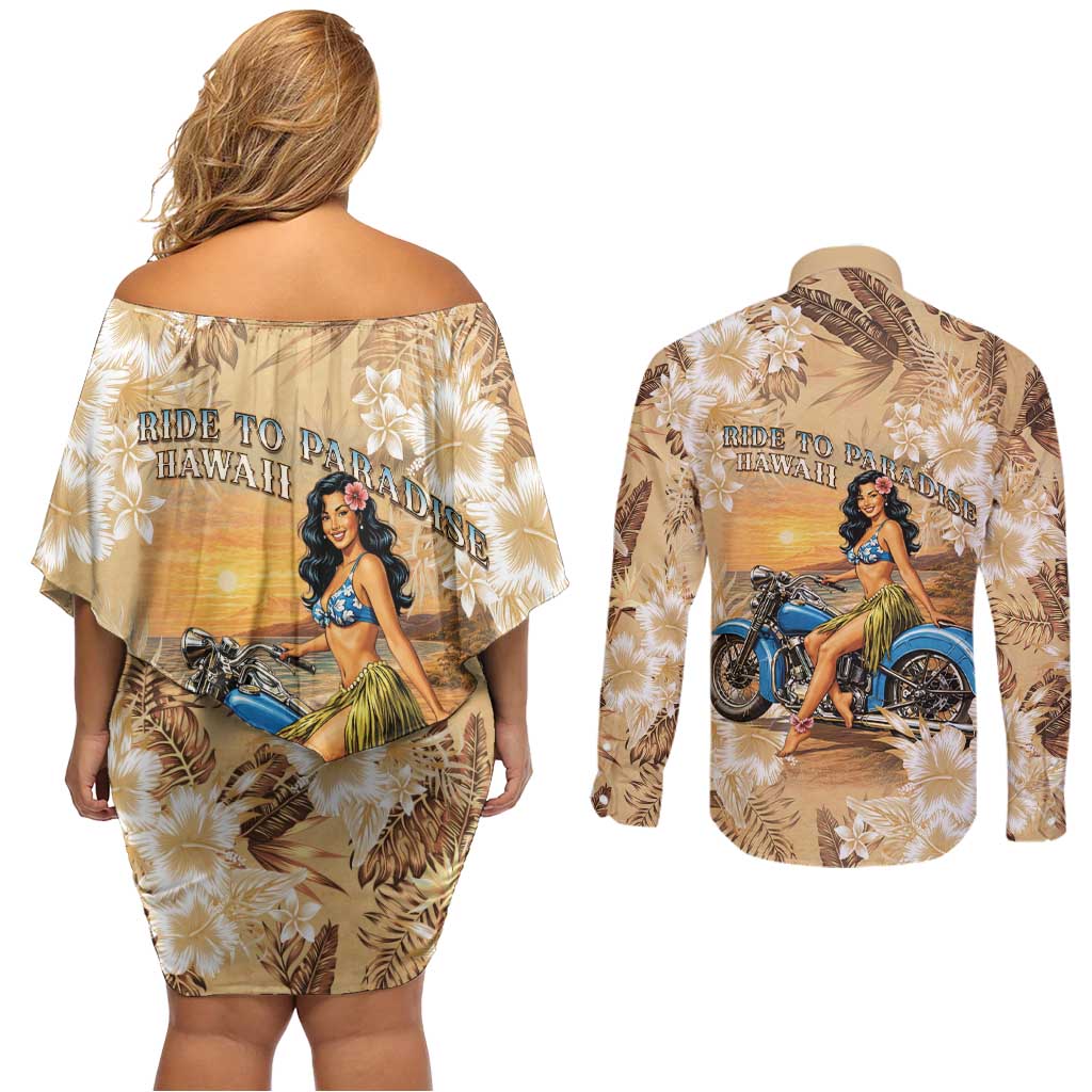 Aloha Hawaii Biker Couples Matching Off Shoulder Short Dress and Long Sleeve Button Shirt Ride To Paradise LT05 - Polynesian Pride