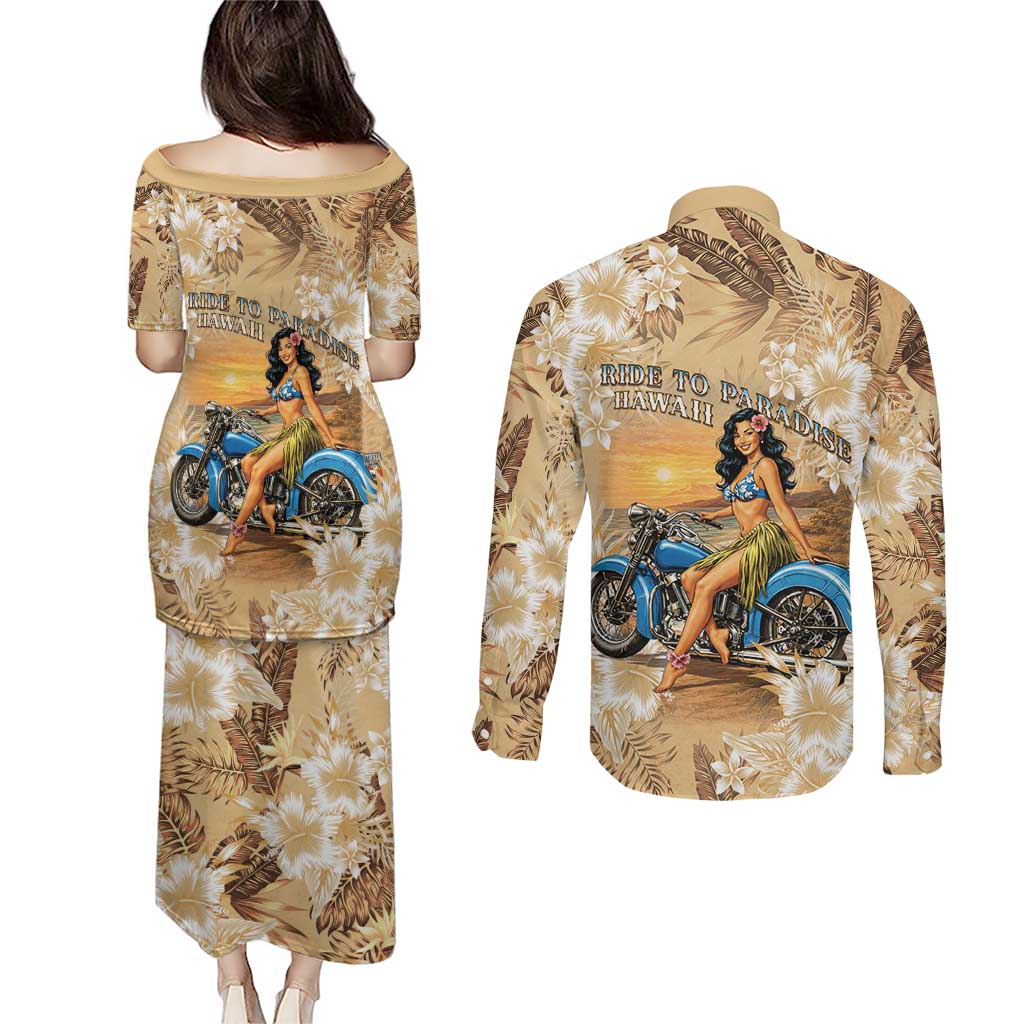 Aloha Hawaii Biker Couples Matching Puletasi and Long Sleeve Button Shirt Ride To Paradise LT05 - Polynesian Pride