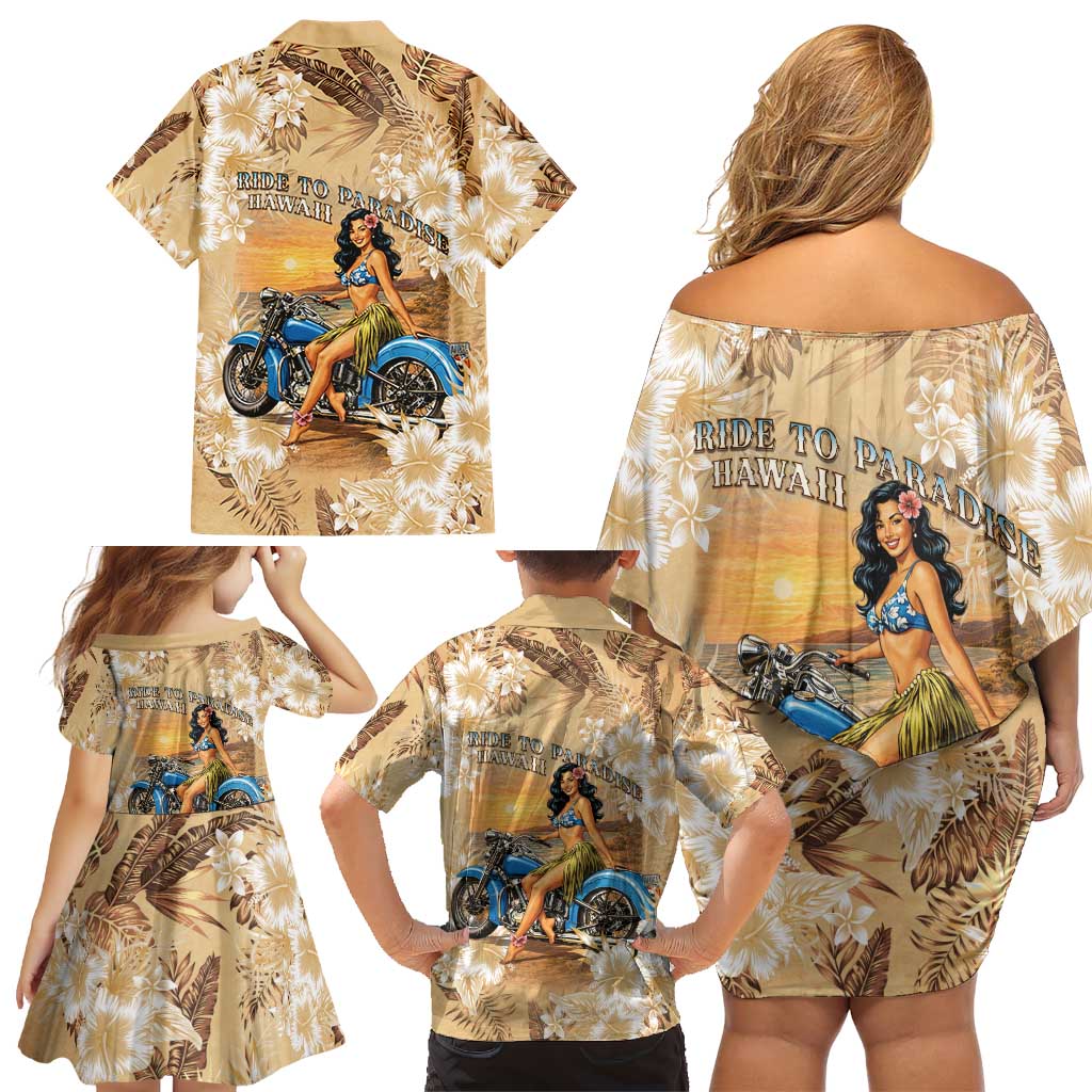Aloha Hawaii Biker Family Matching Off Shoulder Short Dress and Hawaiian Shirt Ride To Paradise