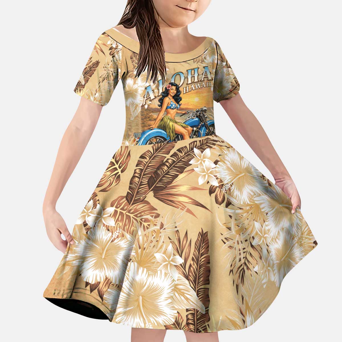 Aloha Hawaii Biker Kid Short Sleeve Dress Ride To Paradise LT05 KID Beige - Polynesian Pride