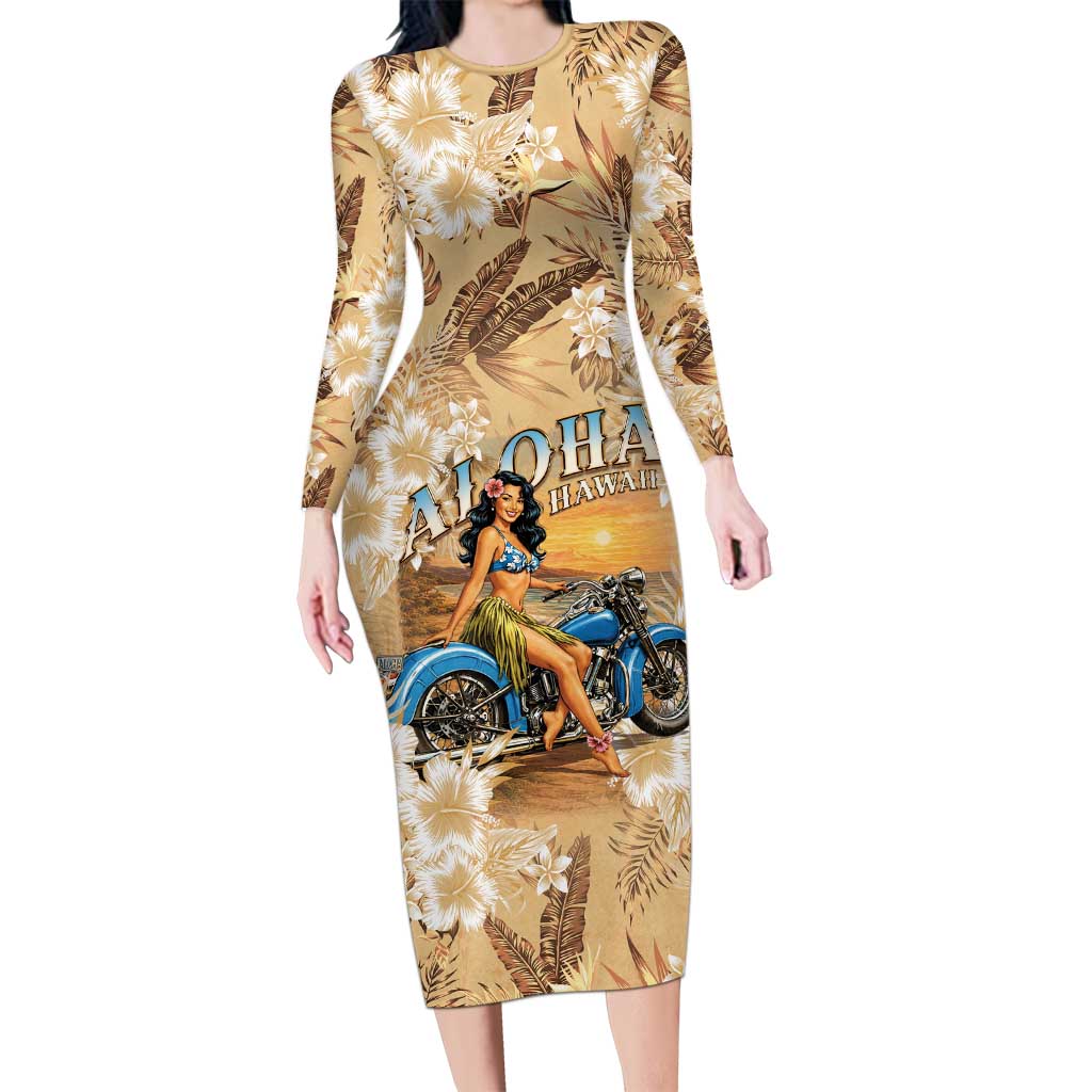 Aloha Hawaii Biker Long Sleeve Bodycon Dress Ride To Paradise LT05 Long Dress Beige - Polynesian Pride