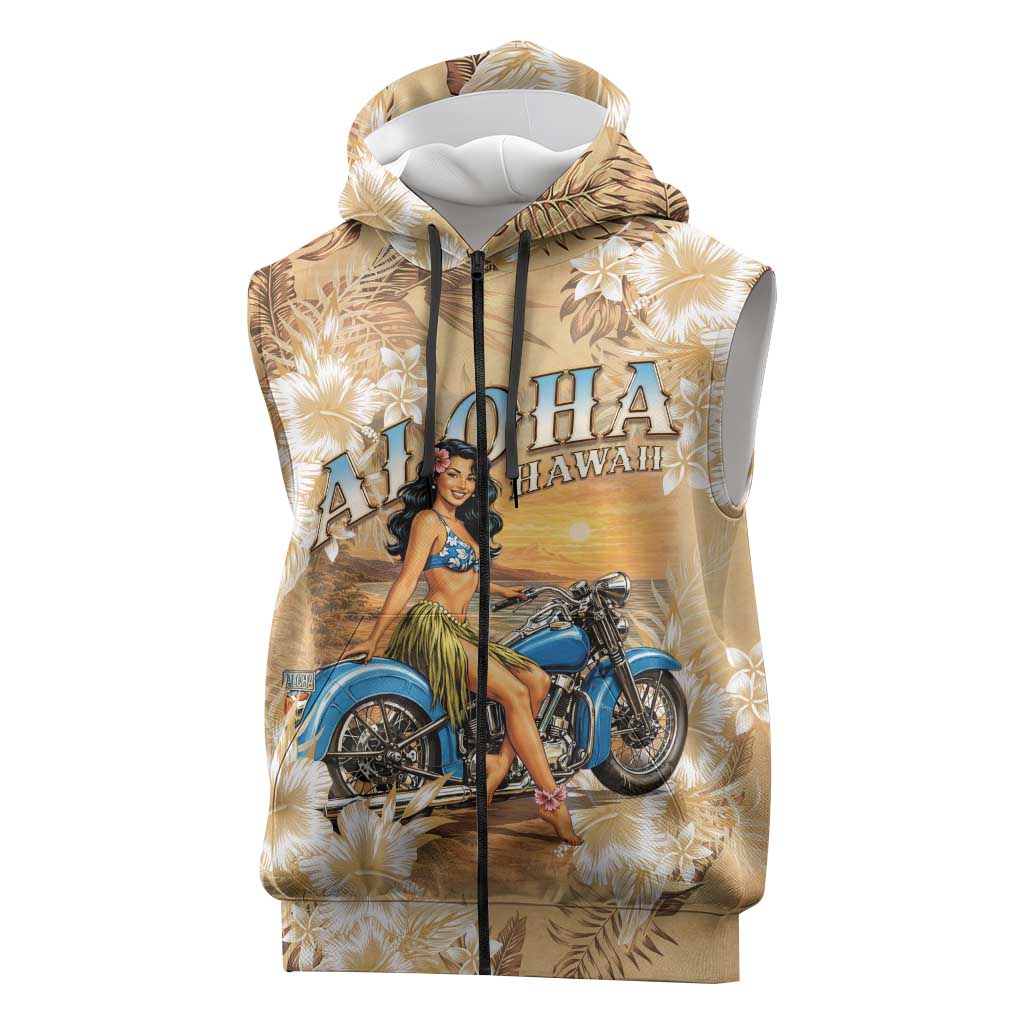 Aloha Hawaii Biker Sleeveless Zip Hoodie Ride To Paradise LT05 Beige - Polynesian Pride