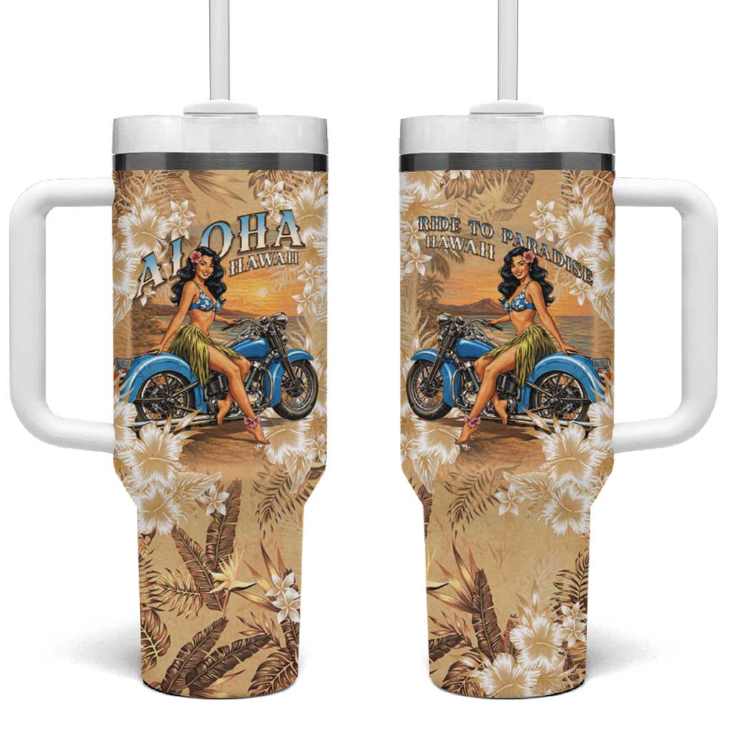Aloha Hawaii Biker Tumbler With Handle Ride To Paradise LT05 One Size: 40 oz Beige - Polynesian Pride