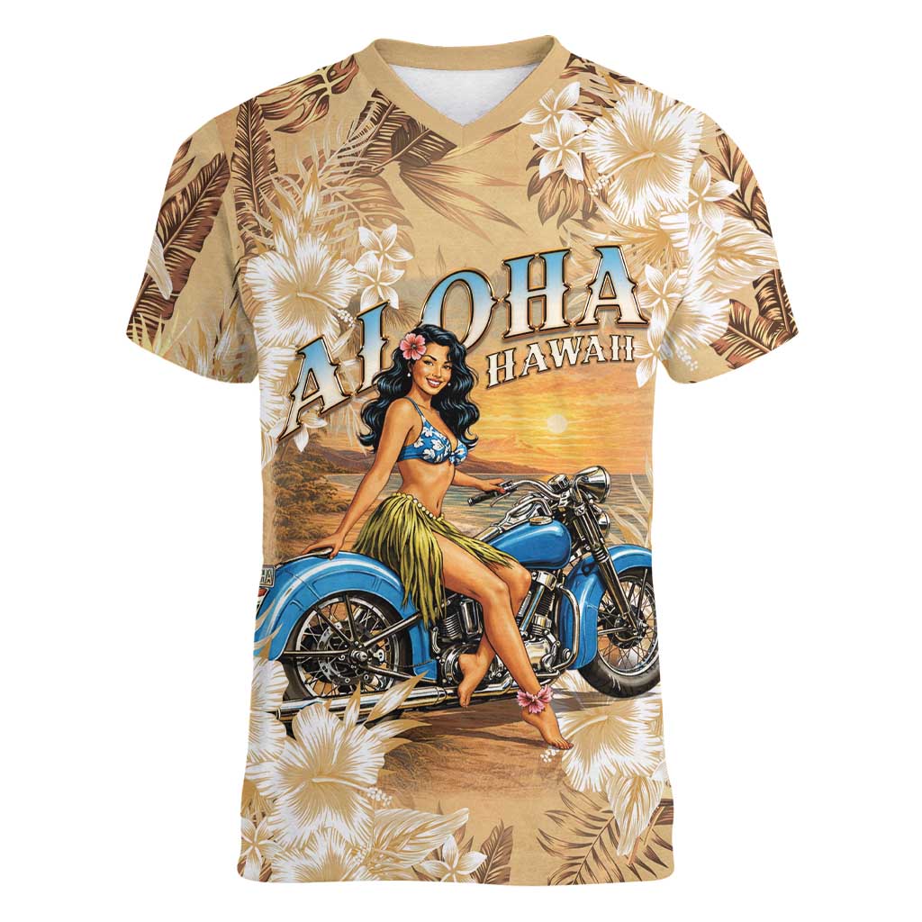 Aloha Hawaii Biker Women V-Neck T-Shirt Ride To Paradise LT05 Female Beige - Polynesian Pride