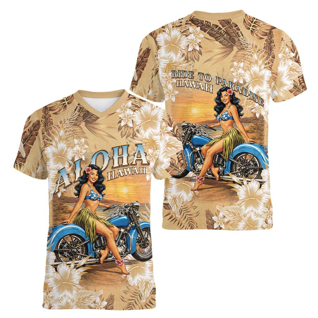 Aloha Hawaii Biker Women V-Neck T-Shirt Ride To Paradise LT05 - Polynesian Pride