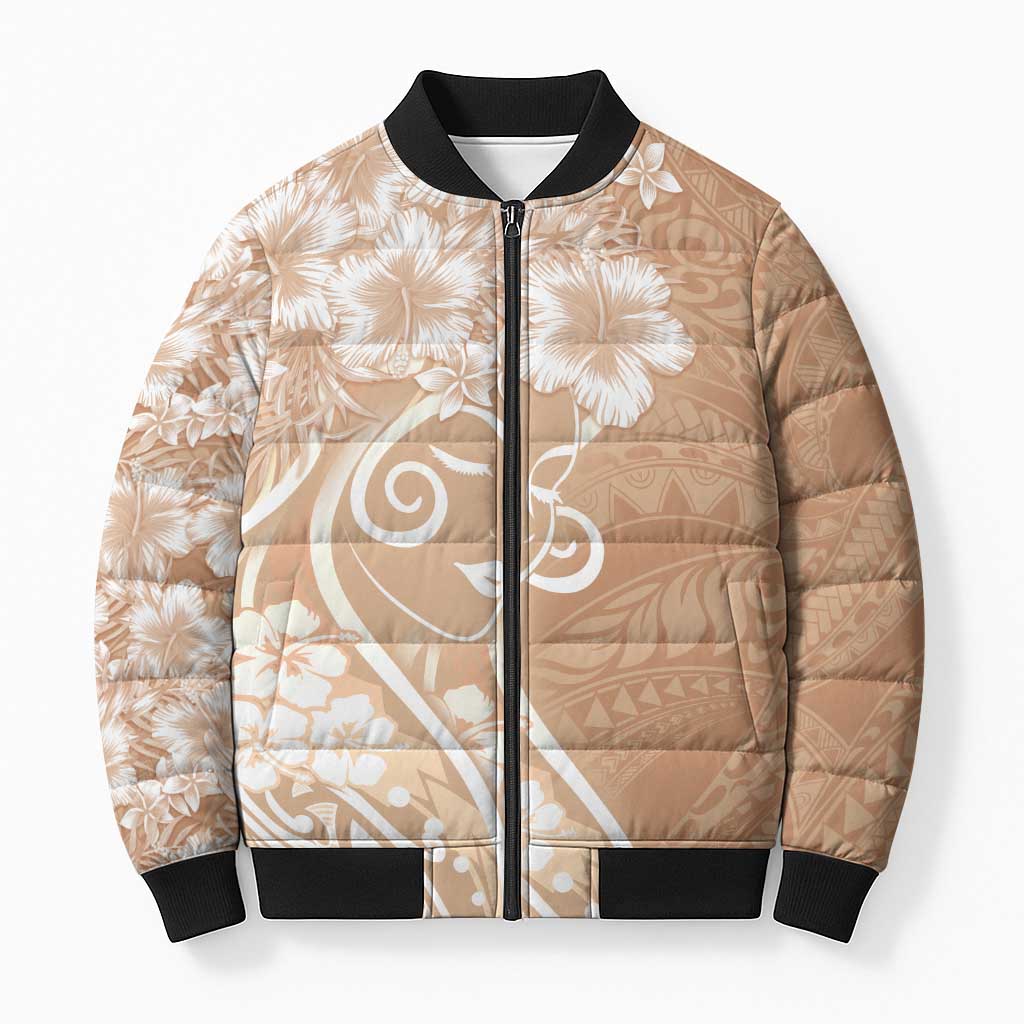 Polynesian Women's Day Bomber Puffer Jacket Brown Hibiscus Flowers With Polynesian Pattern