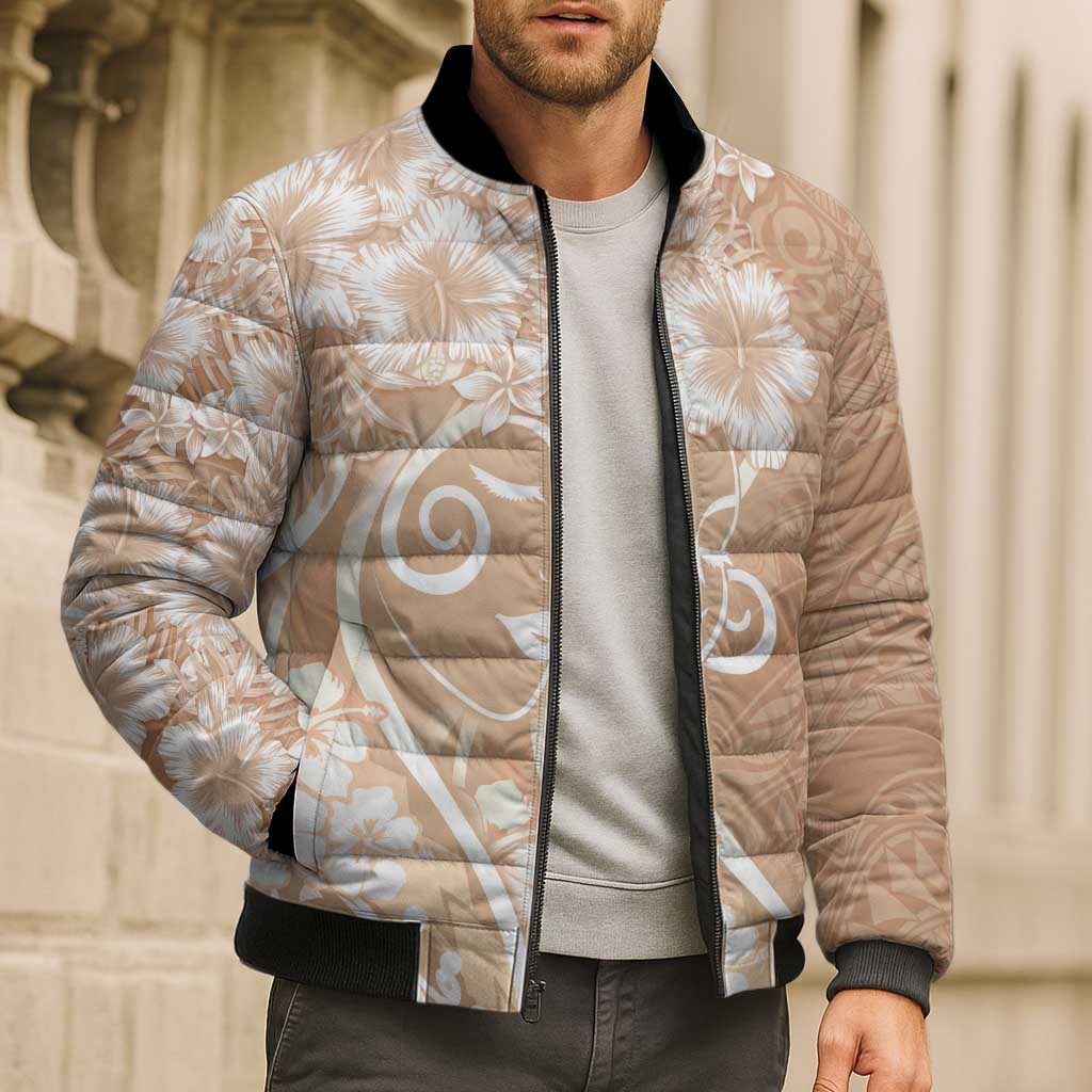 Polynesian Women's Day Bomber Puffer Jacket Brown Hibiscus Flowers With Polynesian Pattern