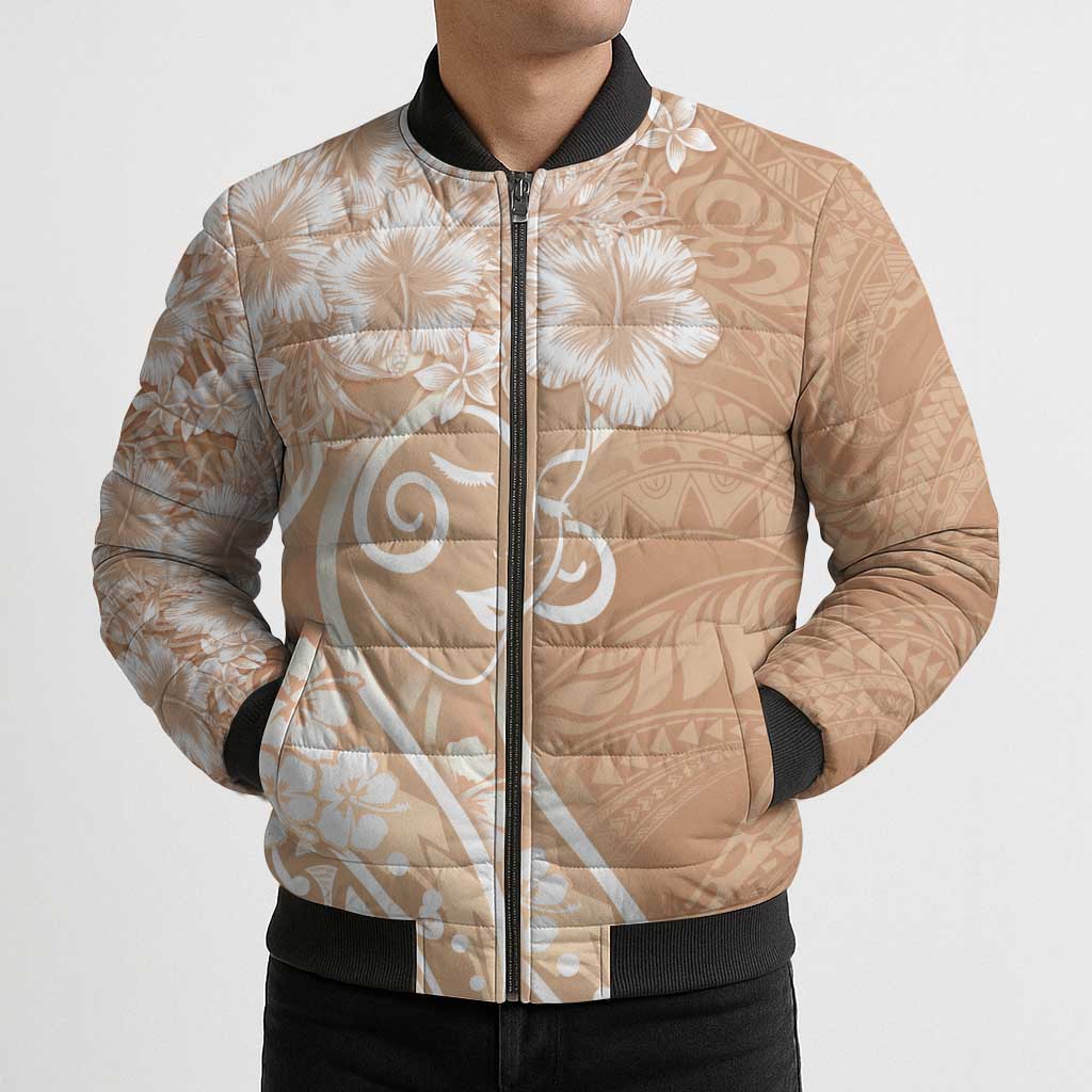 Polynesian Women's Day Bomber Puffer Jacket Brown Hibiscus Flowers With Polynesian Pattern