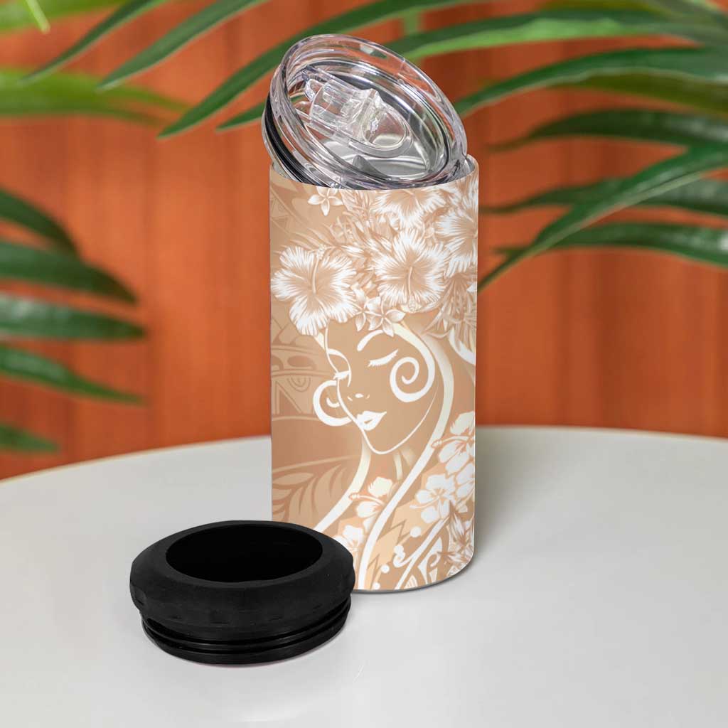 Polynesian Women's Day 4 in 1 Can Cooler Tumbler Brown Hibiscus Flowers With Polynesian Pattern LT05 - Polynesian Pride